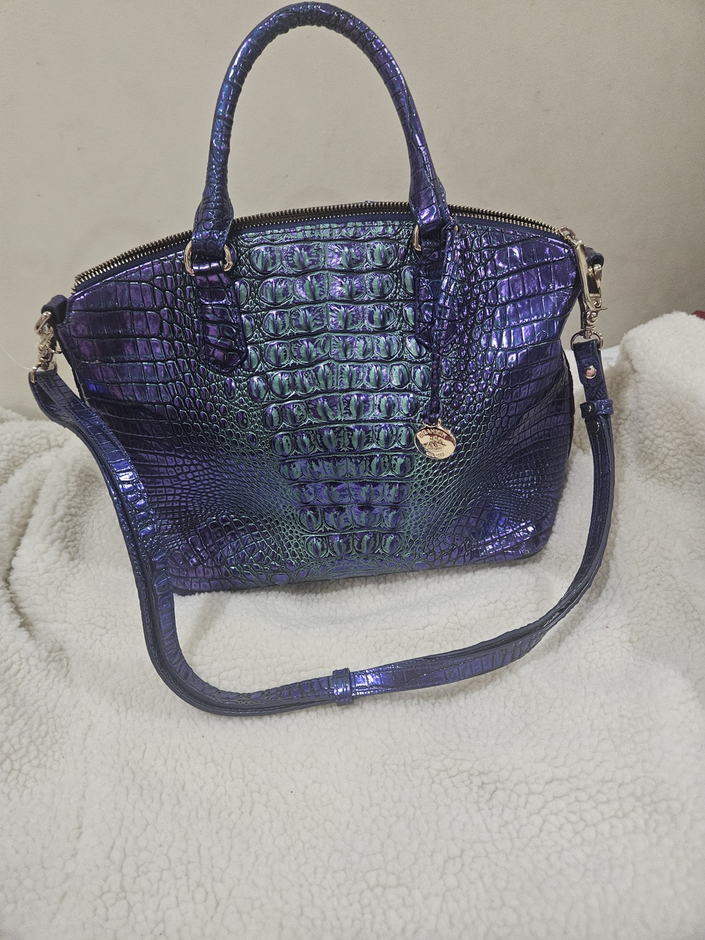 Brahmin Iridescent Croc-Embossed Satchel Handbag - Purple/Green